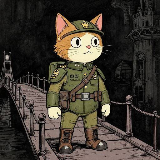 Cartoon orange cat in military uniform with green hat and gear, standing on a dark, bridge at night. Digital art.