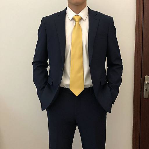 Photograph of a man in a dark navy suit, white dress shirt, and bright yellow tie, standing with hands in pockets, against a plain white