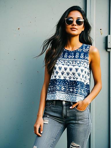 Stylish woman in casual blue and white sleeveless top