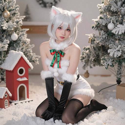 Festive Cat-Eared Woman in Santa Outfit