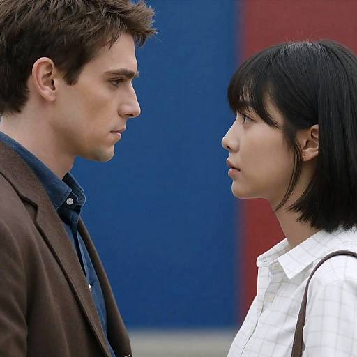 Photograph of a serious, close-up, side-profile shot of a white man and an Asian woman facing each other against a blue and red background.