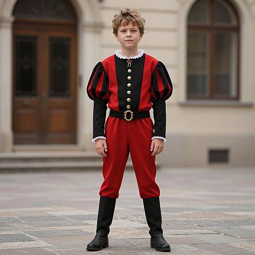 Photograph of a young boy with curly brown hair, wearing black and red Renaissance-style outfit with white lace collar, black boots, standing in front of
