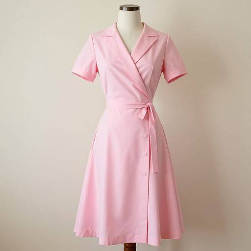 Photograph of a pink satin wrap dress on a white dress form, featuring short sleeves, V-neck, and tied waist, against a plain white background