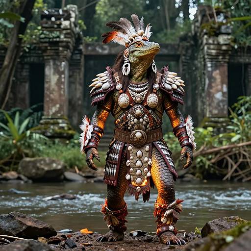 Photorealistic digital art: anthropomorphic crocodile warrior in detailed, ornate armor with feathers, jewels, and tribal accessories, standing in a lush