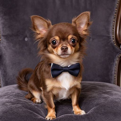 Photograph of a brown and tan Chihuahua with large ears, wearing a black bow tie, sitting on a dark gray velvet chair.