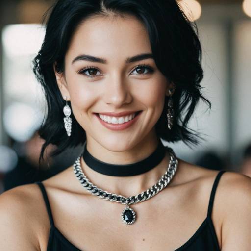 Smiling Woman Wearing Black Choker and Silver Necklace