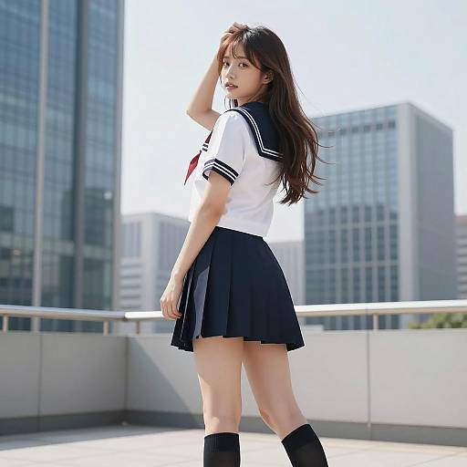 Asian Girl in Sailor School Uniform Outdoors