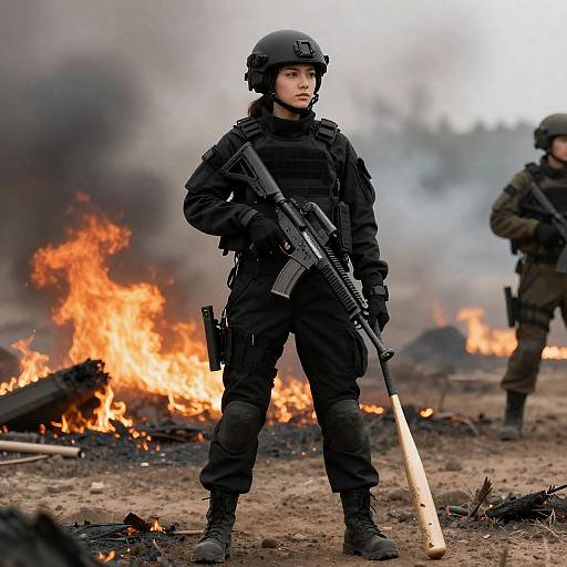Fierce Female Soldier in War Zone