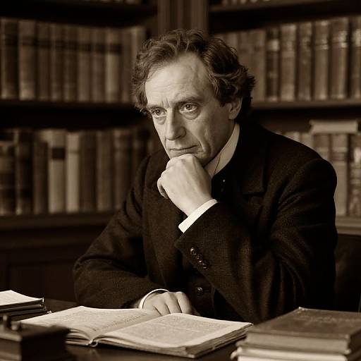 Sepia-toned photograph of an intellectual, middle-aged man with wavy dark hair, wearing a black suit, pensively resting his chin on his