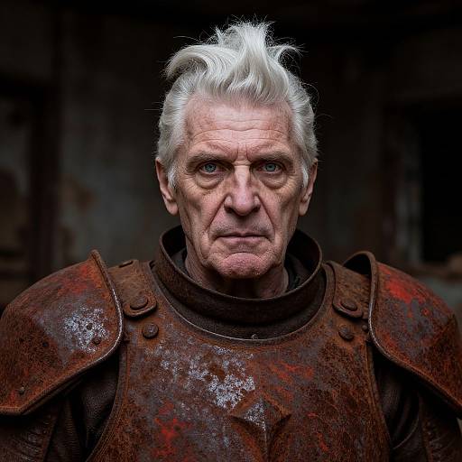 Photograph of an intense, elderly white-haired man with piercing blue eyes, wearing weathered, rusted medieval armor against a dark, blurred background.
