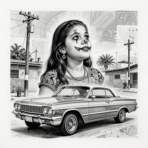 Chicano Art Clown Girl with Lowrider