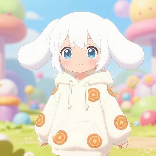 Anime-style drawing of a cute, white-haired child with blue eyes wearing a white hoodie with orange circular patterns, standing in a colorful, blurred fantasy garden