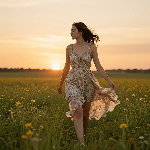 Photograph of a woman in a floral sundress, dancing in a sunlit field of yellow flowers at sunset, her silhouette backlit by the warm