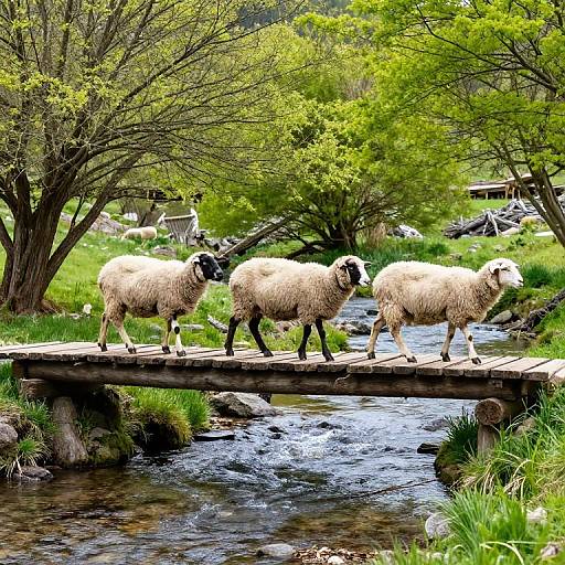 Photograph of three fluffy white sheep with black faces crossing a wooden bridge over a clear, flowing stream in a lush, green, springtime forest.