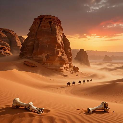 Photograph of a desert sunset with red-orange sand dunes, towering rock formations, a distant caravan of camels, and two bones in the foreground