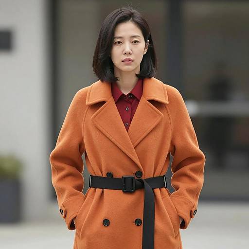 East Asian Woman in Orange Coat Outdoors