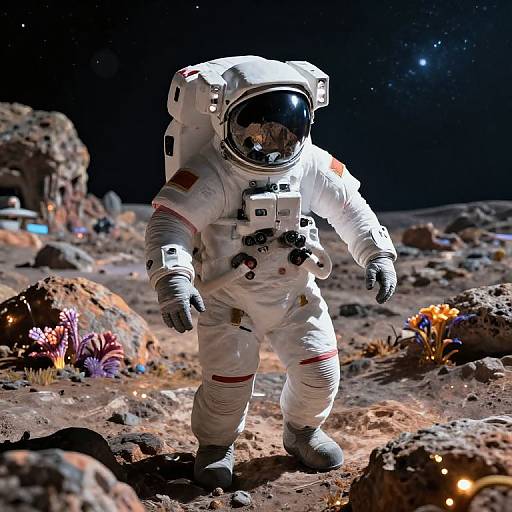 Photorealistic CGI of an astronaut in a white spacesuit with reflective helmet walking on a rocky, colorful lunar surface at night.