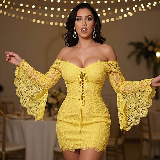Photograph of a woman with dark hair, wearing an off-shoulder, yellow lace dress with wide sleeves, standing in a warmly lit room with