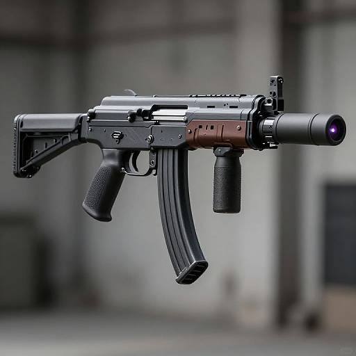 Photorealistic CGI of a black, modern assault rifle with a scope, floating against a blurred urban background. The rifle features a textured grip, magazine