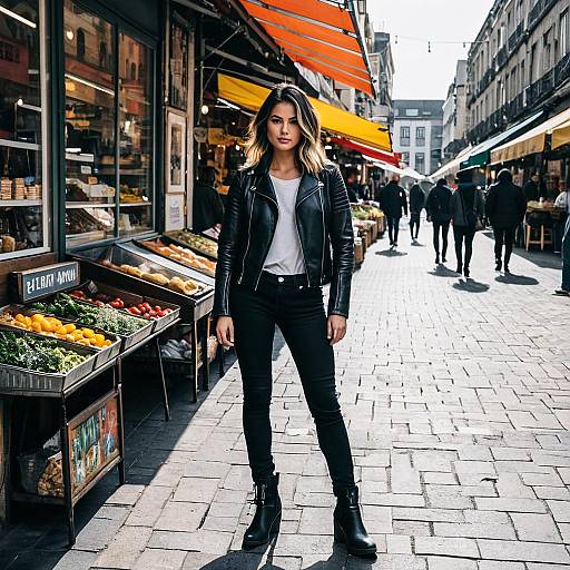 Woman in Leather Jacket at Outdoor Market
