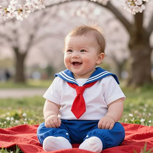 Cute baby sitting on a red blanket in a grassy park, wearing a sailor outfit with a red tie, smiling joyfully. Cherry blossom trees