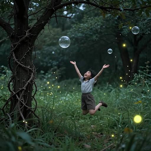 Photograph of a young Asian girl in a white shirt and brown shorts, joyfully jumping in a magical forest, surrounded by glowing fireflies and floating