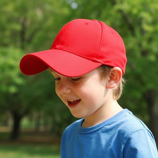 Photograph of a smiling young boy with light skin, wearing a bright red baseball cap and blue shirt, set against a blurred green park background.