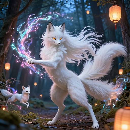 Digital fantasy artwork of a white, nine-tailed fox with glowing yellow eyes, casting electric blue and purple lightning from its paws in a dark,