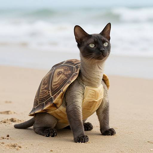 Photograph of a black cat with bright green eyes wearing a turtle shell costume, sitting on a sandy beach with ocean waves in the background.