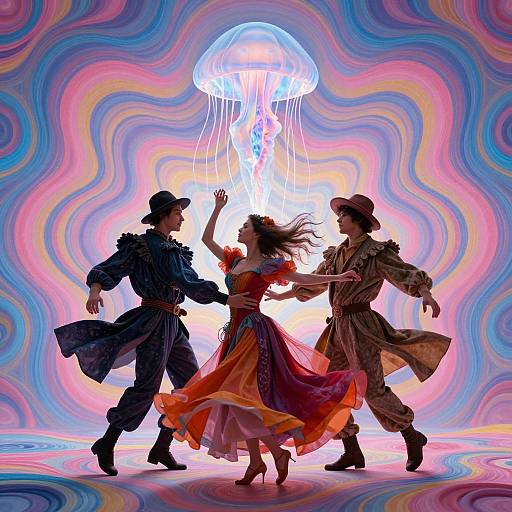Digital artwork of three dancers in colorful, flowing attire, silhouetted against a swirling, psychedelic background with a glowing jellyfish above.