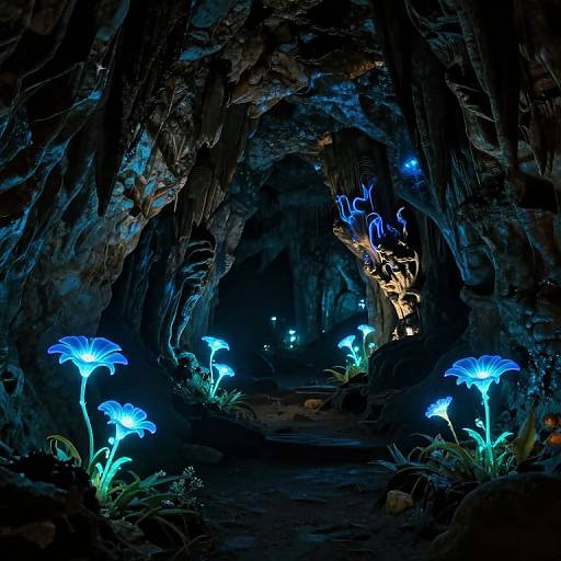 Photograph of a dark, cavernous rock formation illuminated by glowing blue and green bioluminescent mushrooms, creating a mystical, otherworldly atmosphere