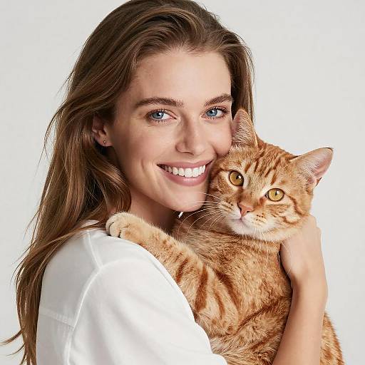 Photograph of a smiling young woman with long brown hair, blue eyes, and fair skin, holding an orange tabby cat against a white background.