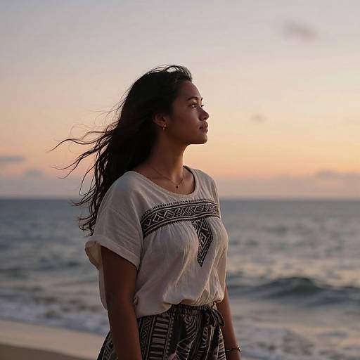 Photograph of a young woman with long, wavy dark hair in a white, patterned top and black skirt, standing on a beach at sunset