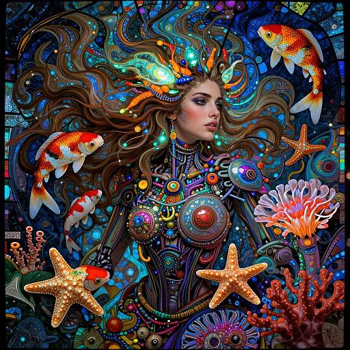 Vivid digital artwork of a woman with flowing hair, adorned in colorful, intricate patterns, surrounded by glowing fish, starfish, and coral, set