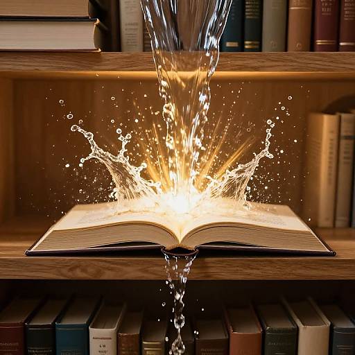 Illuminated Book Amid Waterfall Shelves