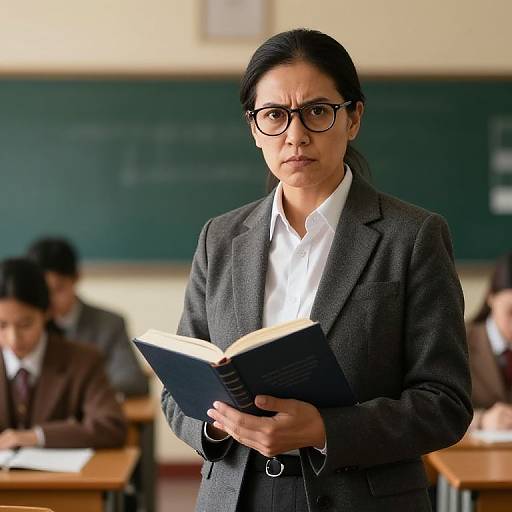 Photograph of an Indian woman with black hair, glasses, and a gray suit, standing in a classroom reading a book. Blurred students in similar