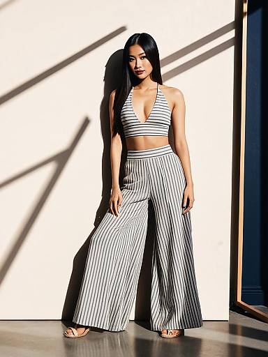 Asian Woman in Striped Two-Piece Set