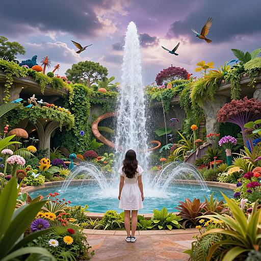 Photograph of a girl in a white dress, standing before a tall fountain in a vibrant, fantastical garden with colorful flowers, birds flying, and
