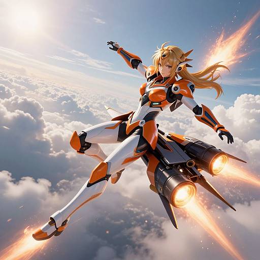 Digital anime-style artwork of a blonde, armored female pilot with orange and white suit, jetpack, and rocket cannons, soaring through a bright, cloudy