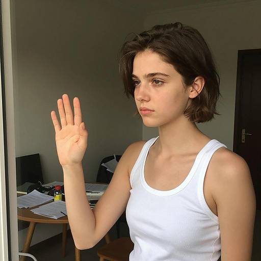 Pensive Woman at Glass Door in Cluttered Room