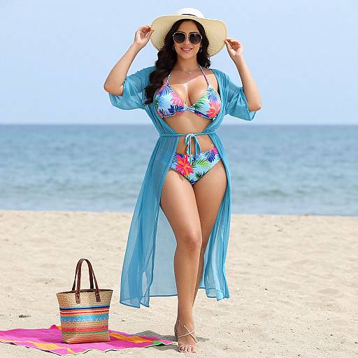 Photograph of a smiling woman with long black hair, wearing a floral bikini, blue sheer robe, sunhat, and sunglasses, standing on a sunny