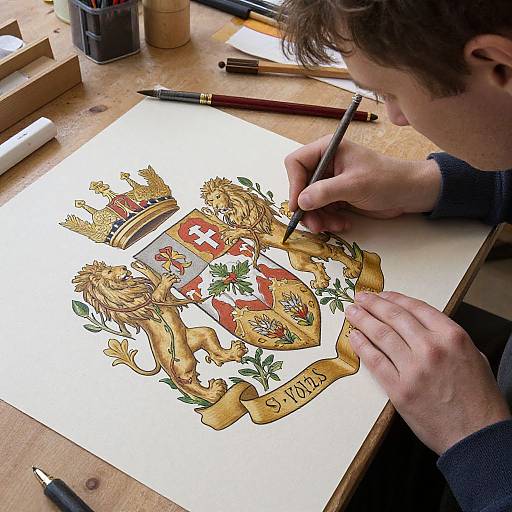 Photograph of a man drawing a detailed, colorful coat of arms with lions, a banner, and symbols on white paper.