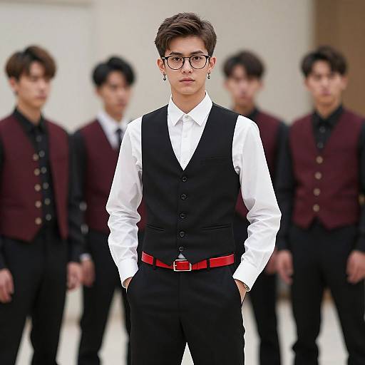Photograph of a young man with glasses, brown hair, white shirt, black vest, red belt, standing in front of five blurred male classmates in