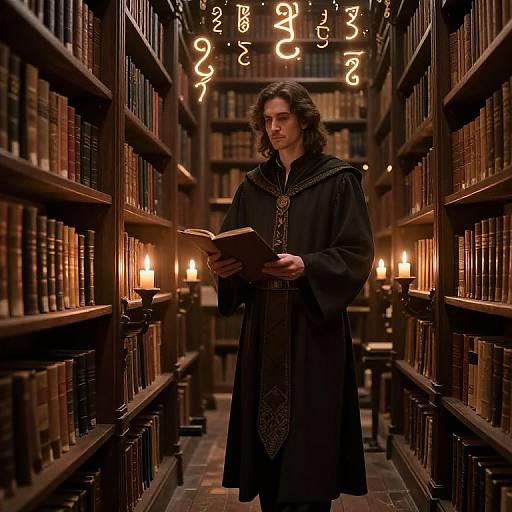 Photograph of a long-haired man in a medieval-style black robe, holding a book in a dimly lit, candlelit library.