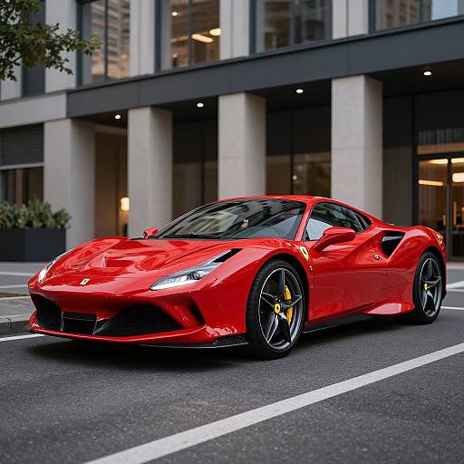 Photograph of a sleek, shiny red Ferrari sports car with black wheels and yellow brake calipers, parked on a city street in front of a modern