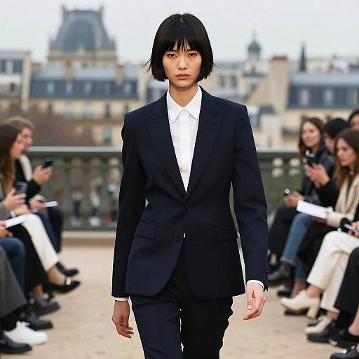 Fashion Model Walking Paris Runway in Formal Suit
