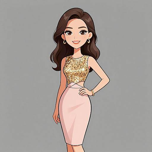 Digital illustration of an Asian woman with long black hair, wearing a gold sequin sleeveless top and a white knee-length skirt, smiling with hand on