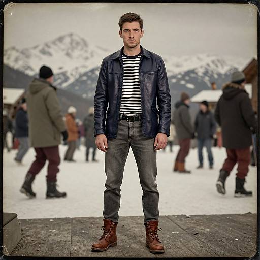 Photograph of a man with short brown hair, wearing a black leather jacket, striped shirt, jeans, and brown boots, standing on a snowy mountain