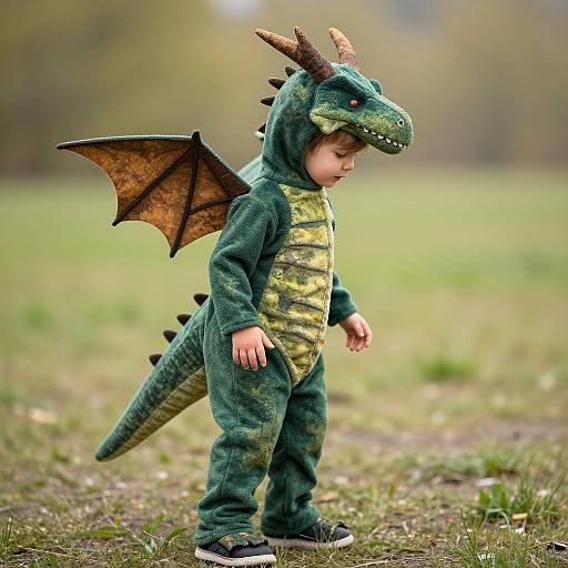 Photograph of a young child in a green and yellow dragon costume with brown wings, standing in a grassy park.