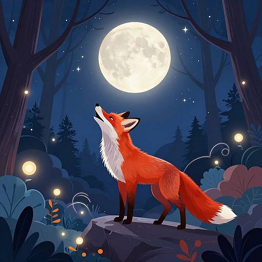 Digital illustration of a red fox standing on a rock under a bright full moon in a dark, starry forest with glowing fireflies.